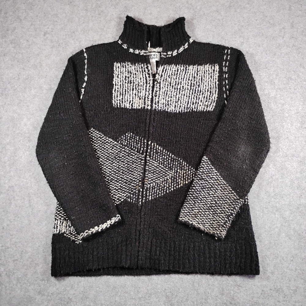 Chicos Design Black Wool Blend‎ Geometric Patchwork Full Zip Mock Neck Sweater 2